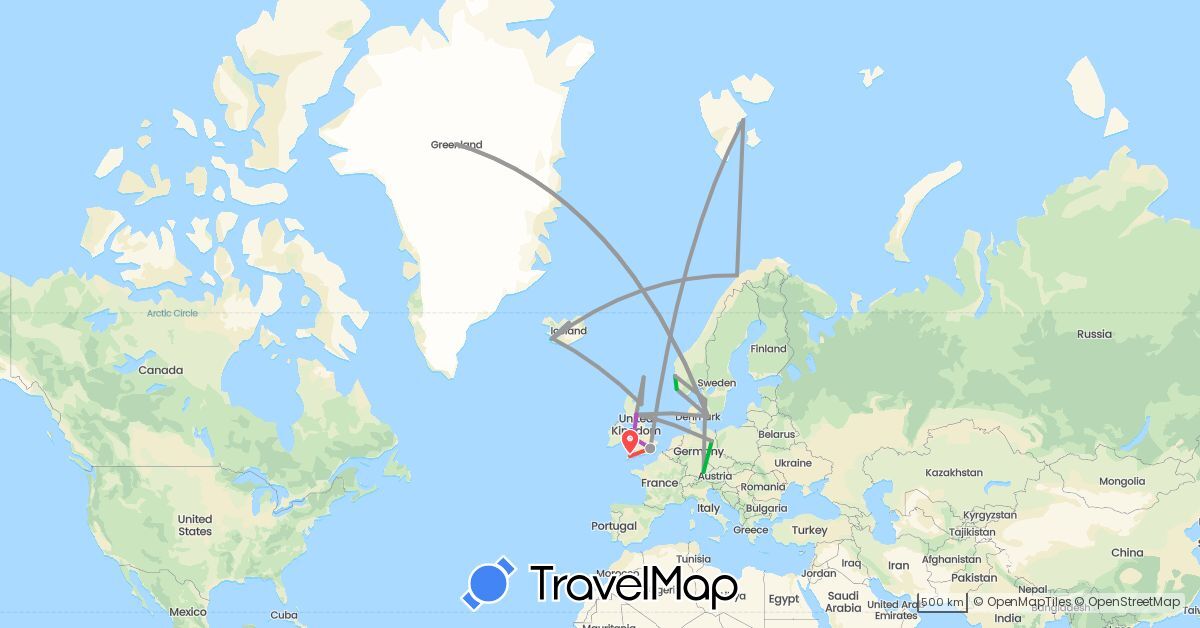 TravelMap itinerary: driving, bus, plane, train, hiking, boat in Germany, Denmark, United Kingdom, Greenland, Iceland, Norway, Sweden (Europe, North America)